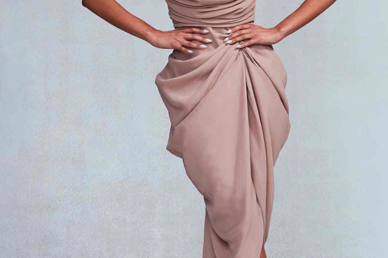 Beige Chiffon Bodice Bandeau Draped Midi Gown