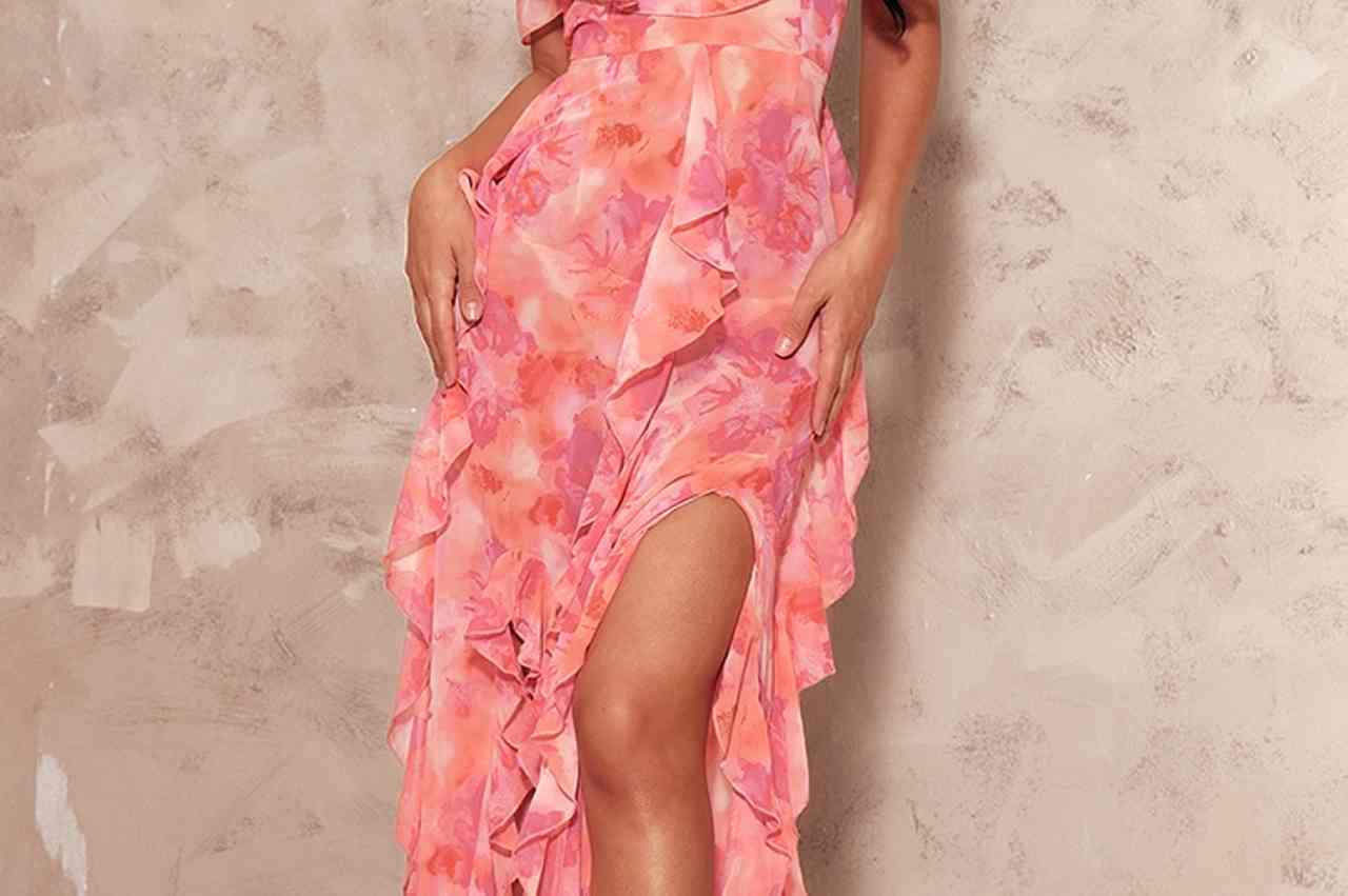 Pink Abstract Cold Shoulder Ruffle Maxi Gown