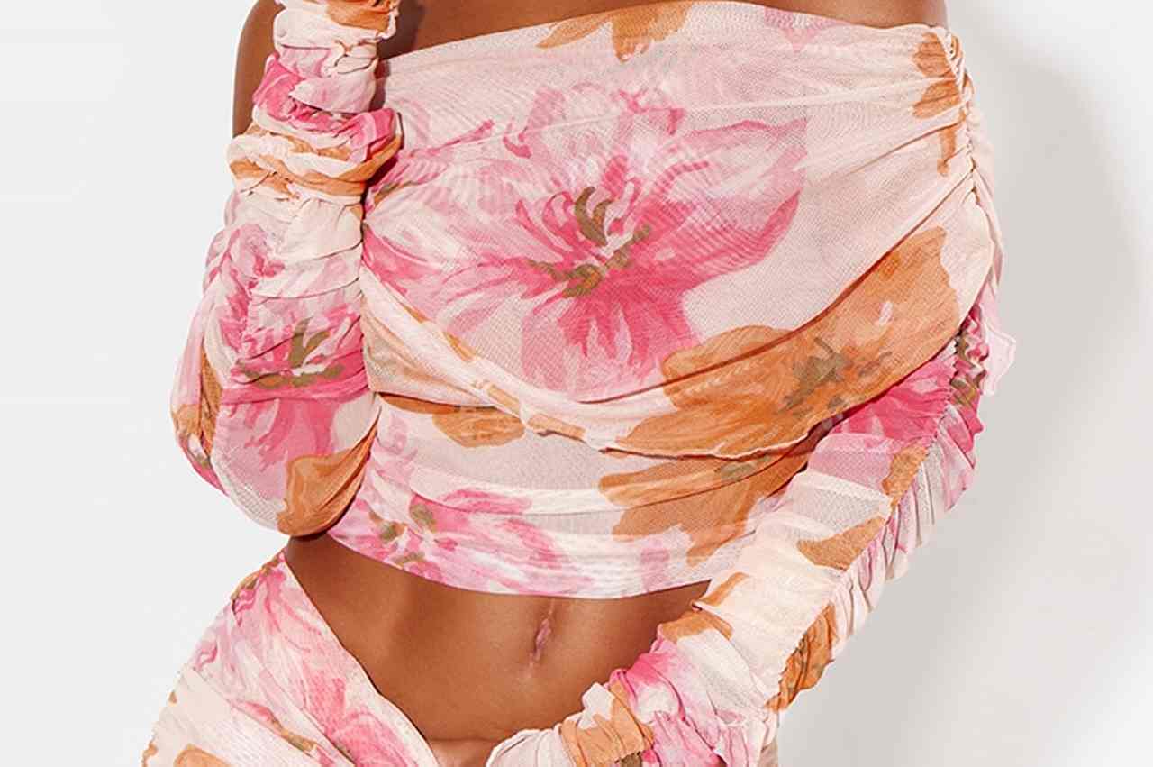 Pink Printed Mesh Ruched Bardot Long Sleeve Top